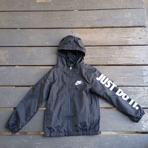 Nike Black Hooded Windbreaker with Bold Sleeve Text Boys Size 7